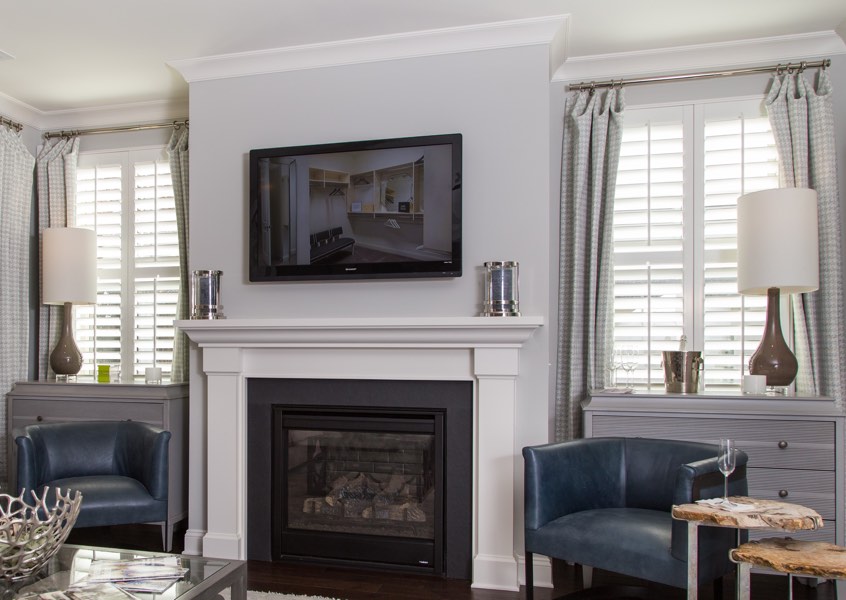 living room Sacramento faux wood shutters